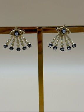 Vintage Style Gold Eye Drop Earrings with Black Accent Stones - Studs